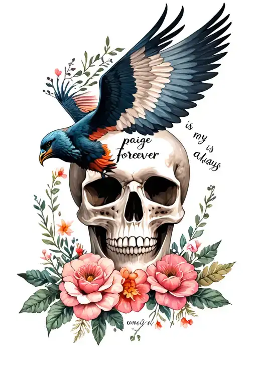 "paige is my forever and always" flowers blooming and a phoenix flying over a skull  tattoo design idea
