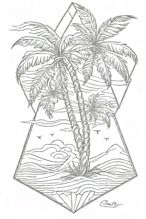palm tree beach diamond, one palm tree with waves tattoo design idea