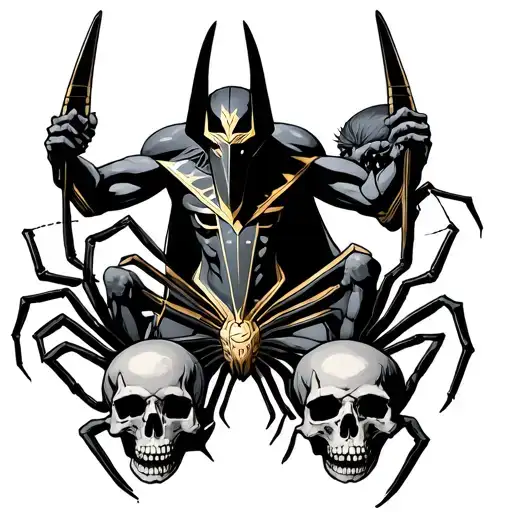Anubis crushing skulls under his feet with spiders tattoo design idea