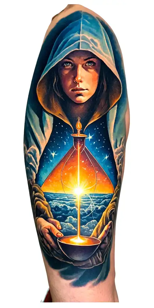 hooded alchemist, starry sky, heaven, no face tattoo design idea