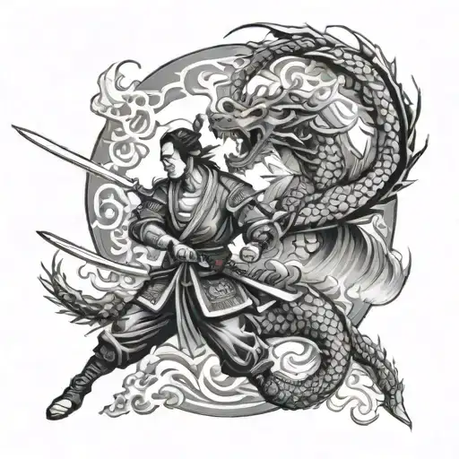 samurai and dragon breathing fire tattoo design idea