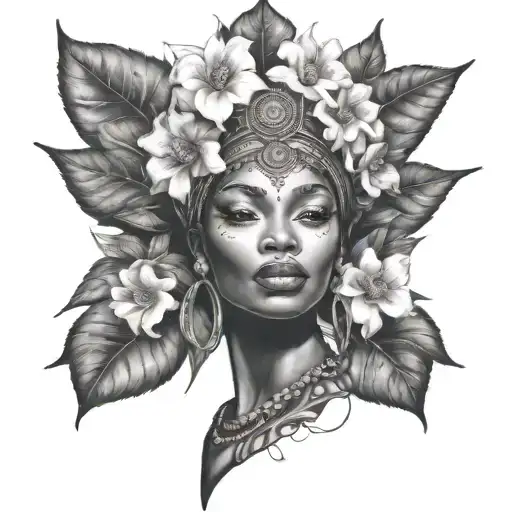 african godess with half face flowers growing tattoo design idea