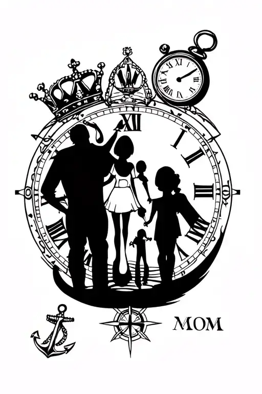 a family of mom and dad and two daughters 4 and 10 years old, a crown on top, a clock next to it, a compass and an anchor below the family tattoo design idea