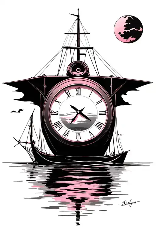 Clock, sand pink, fishing boat tattoo design idea