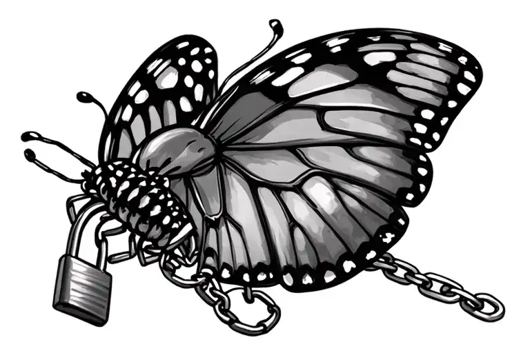 A chained butterfly with a padlock body tattoo design idea