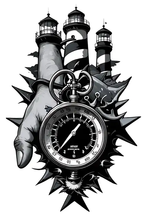 Pressure Gauge on hand surrounded by Nautical Star Lighthouse and Sharks tattoo design idea
