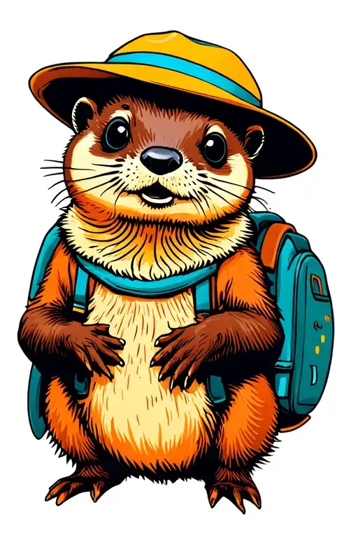 colorful cartoon otter wearing backpack and hat  tattoo design idea
