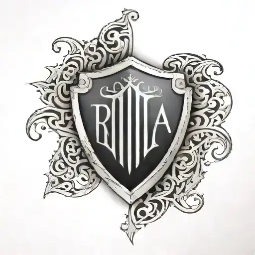 a shield with with arabic word rjha in the center tattoo design idea