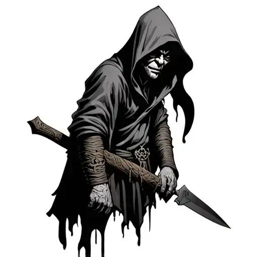 a goblin with a knife in his hand, wearing a hood, in a minimalist blackwork style with few details tattoo design idea