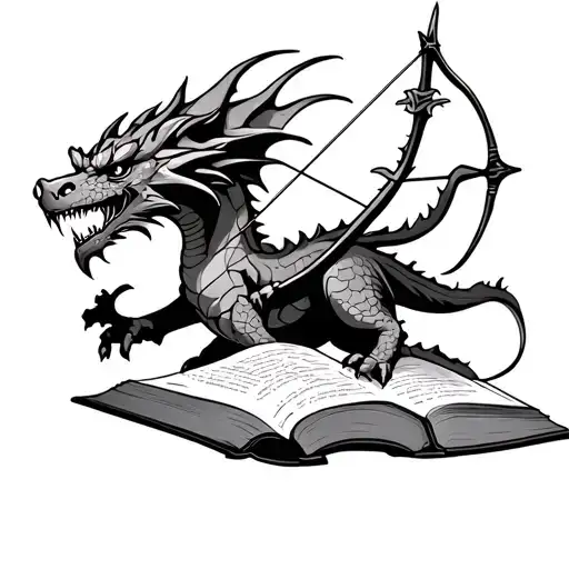 dragon flying from book with bow and arrow tattoo design idea