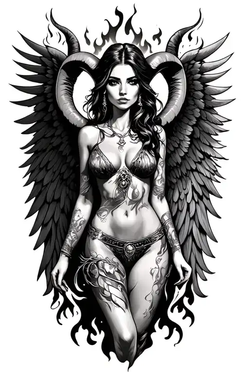aries zodiac sign sexy woman wings surrounded by fire tattoo design idea
