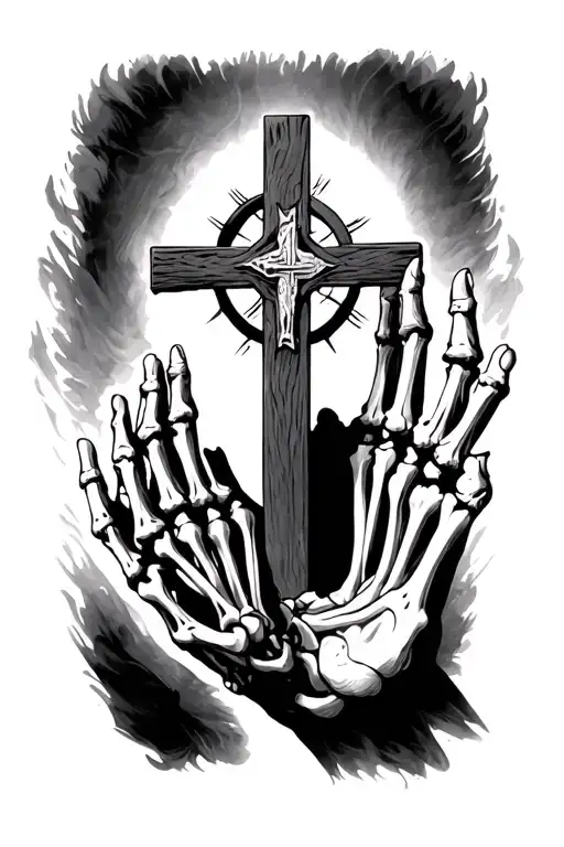 fading away skeleton arm reaching upwards towards a Christian cross tattoo design idea