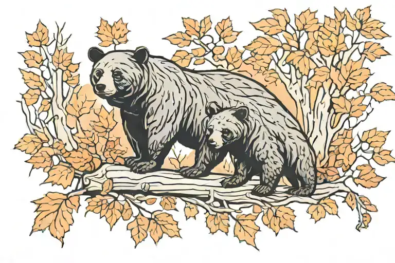 momma & cubs black bears in woods during fall colored leaves tattoo design idea