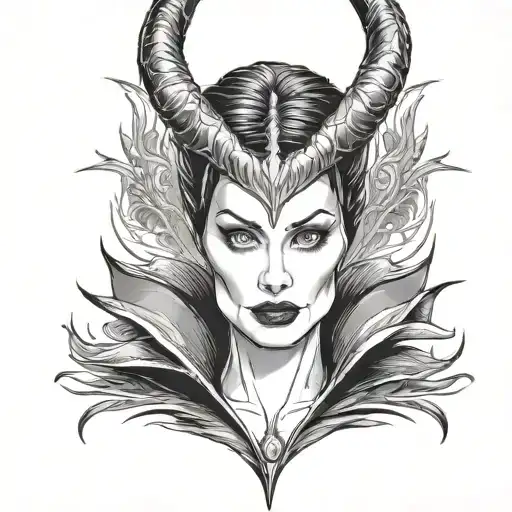 Maleficent in the movie. Frontal portrait. White eyes with tears. Scary. Symmetrical. tattoo design idea