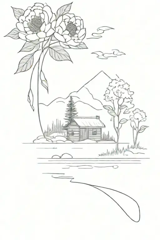 A minimalist tattoo of a cabin by the lake with a person swimming, surrounded by peonies tattoo design idea