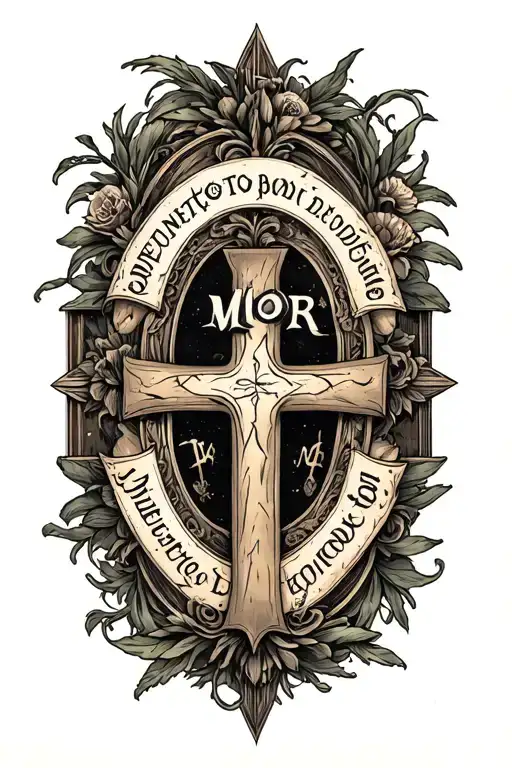 memento mori latin text with cross in the middle of the two words tattoo design idea