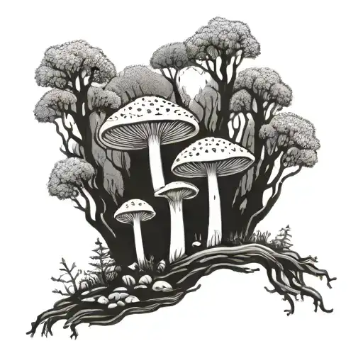 An otherworldly mushroom forest with galaxies peeking through the trees tattoo design idea
