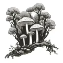 An otherworldly mushroom forest with galaxies peeking through the trees tattoo design idea