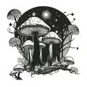 An otherworldly mushroom forest with galaxies peeking through the trees tattoo design idea