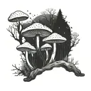 An otherworldly mushroom forest with galaxies peeking through the trees tattoo design idea