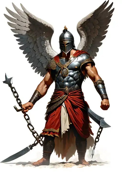 Trojan warrior with helmet on and has guardian angel wings. He is breaking from shackles holding his arms down.  tattoo design idea