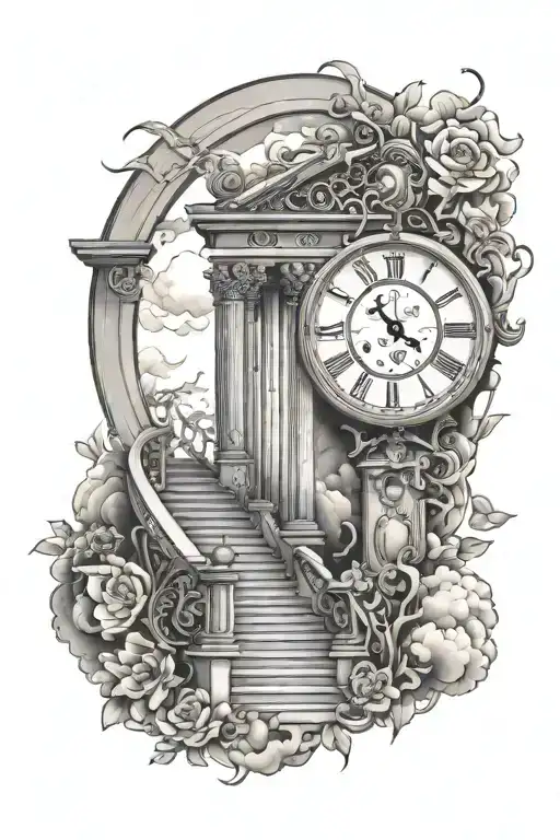 clock and stair way to heaven gates tattoo design idea