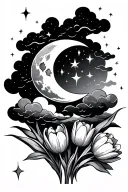 half moon rising peeking behind clouds with shooting stars with tulips down below and a heart  tattoo design idea