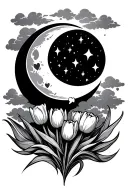 half moon rising peeking behind clouds with shooting stars with tulips down below and a heart  tattoo design idea