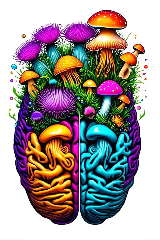 adhd brain half in different neon colours, with thistle flowers snow drops mushrooms and jelly fish popping out the top. tattoo design idea