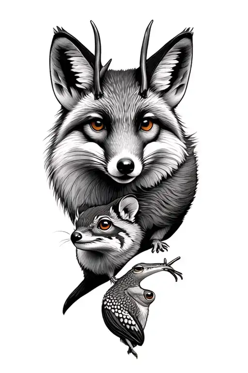 fox and badger and stag and mouse and pine martin and kestrel and frog tattoo design idea