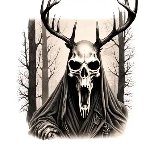 grim reaper with deer skull face tattoo design idea