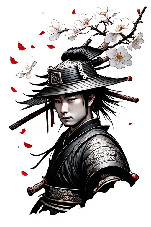 Samurai and cherry blossom petals tattoo design idea