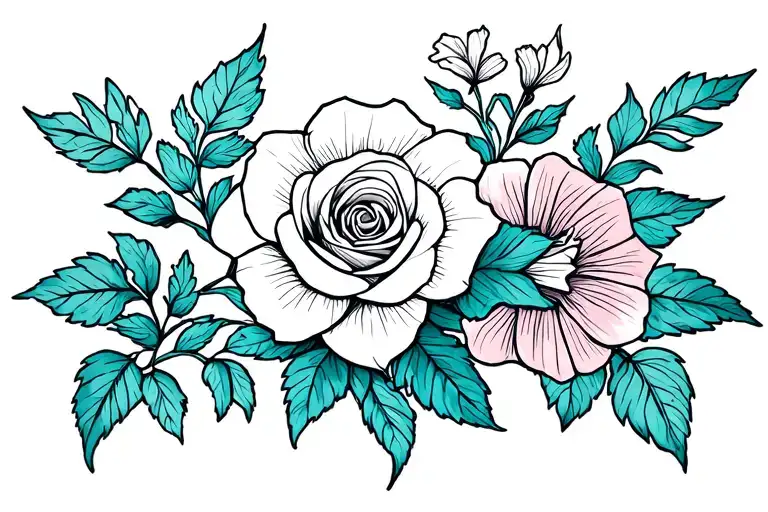 Make a single thin line tattoo outline of a, 1 rose, 1 daffodil, 1 morning glory, 1 Primrose, 1 carnation, 1 larkspur tattoo design idea
