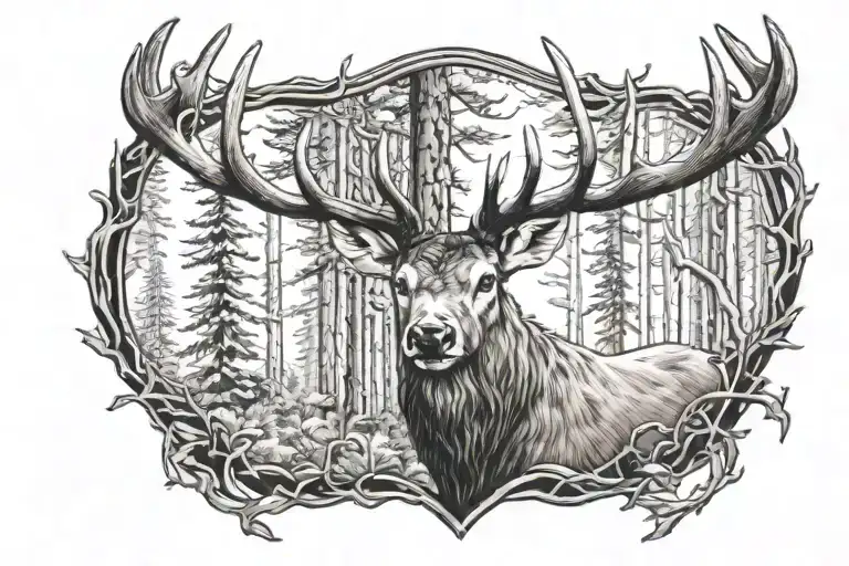 forest and a stag head tattoo design idea
