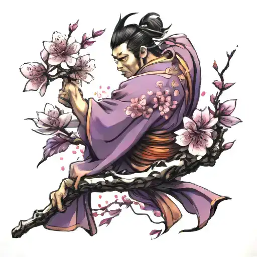 In Japanese style, purple cherry blossoms with swirling petals as a tattoo on the whole back with samurai  tattoo design idea