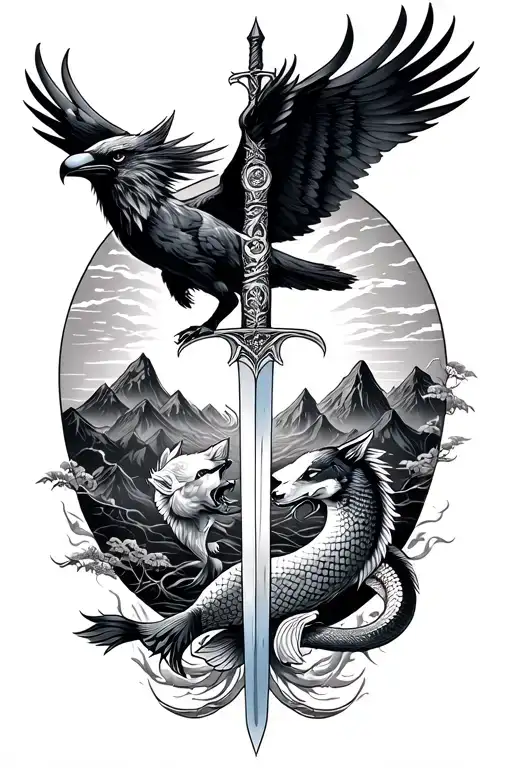 • Warrior Sagittarius sun• Flying raven• Wolf + mountains• Winged sword with 2 koi fish• Tree of Life• snake eating tattoo design idea