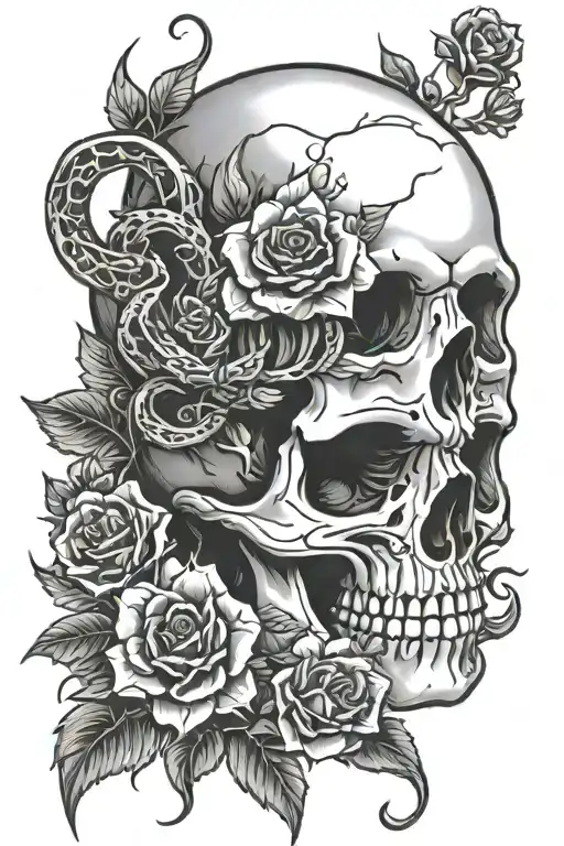 skull flowers snake slithering skeleton snake tattoo design idea