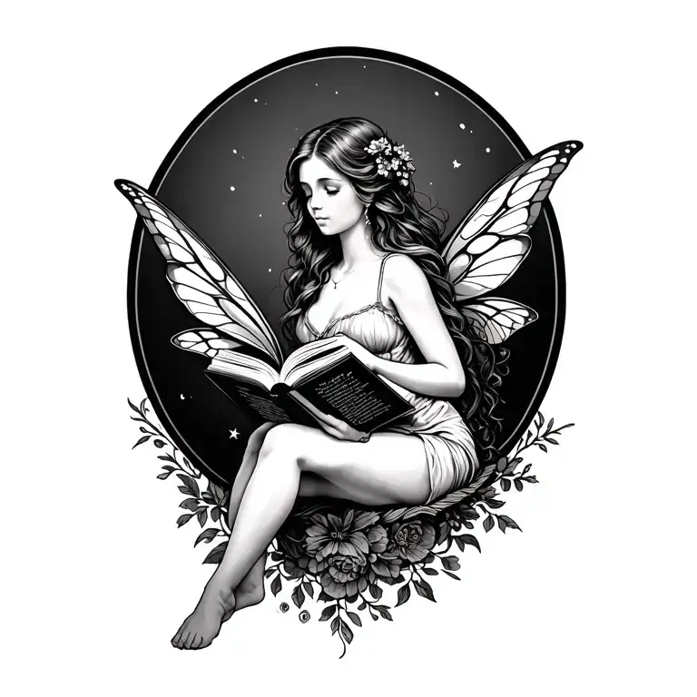 fairy sitting reading books tattoo design idea