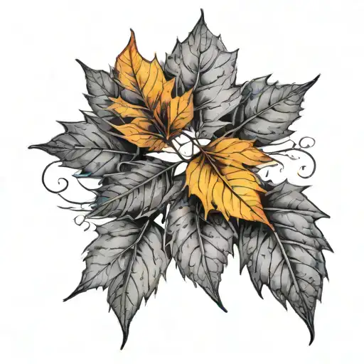 A tattoo of red-yellow fall leaves falling along the shoulder and throat tattoo design idea