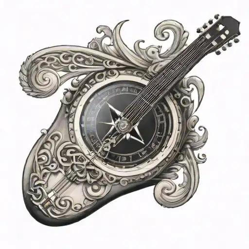 compass as the base of a irish harp guitar tattoo design idea