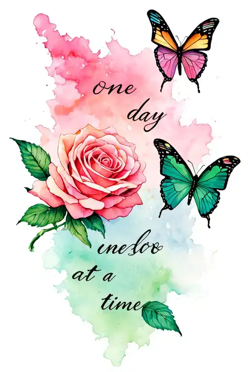 two butterflies, one rose colour the other one green on the beginning and the end of the phrase öne day at a time". tattoo design idea