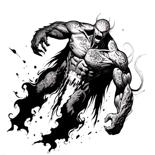 Eren's titan from attack on titan biting into another titan. Add dark fantasy elements. tattoo design idea