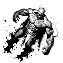 Eren's titan from attack on titan biting into another titan. Add dark fantasy elements. tattoo design idea