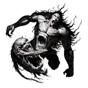 Eren's titan from attack on titan biting into another titan. Add dark fantasy elements. tattoo design idea