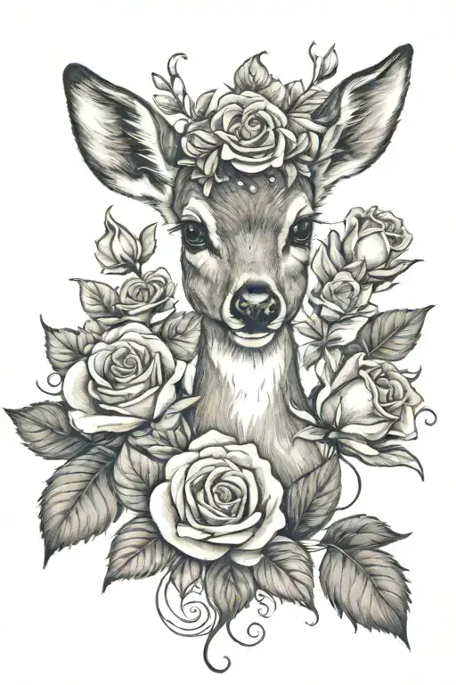 baby deer with roses tattoo design idea