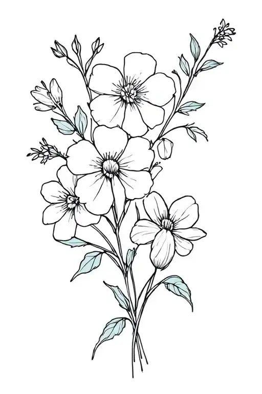 primrose, violet, larkspur flower bouquet fine line tattoo design idea