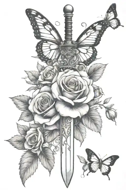 feminine sword with roses and butterflies  tattoo design idea