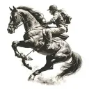 Foreground: A strong, dynamic image of the horse, mid-jump or in action, symbolizing your equestrian practice and athlet tattoo design idea
