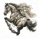 Foreground: A strong, dynamic image of the horse, mid-jump or in action, symbolizing your equestrian practice and athlet tattoo design idea
