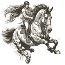Foreground: A strong, dynamic image of the horse, mid-jump or in action, symbolizing your equestrian practice and athlet tattoo design idea